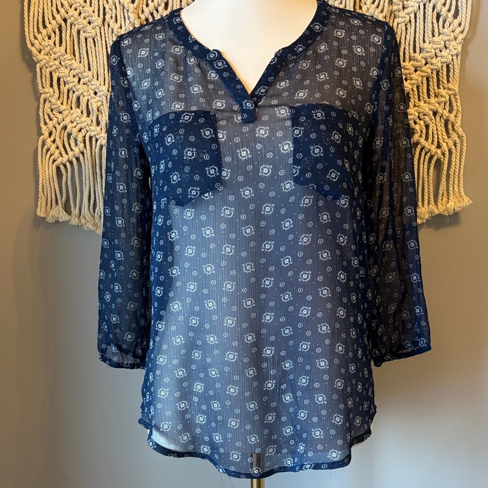 Aeropostale Dark Blue Floral Sheer Blouse